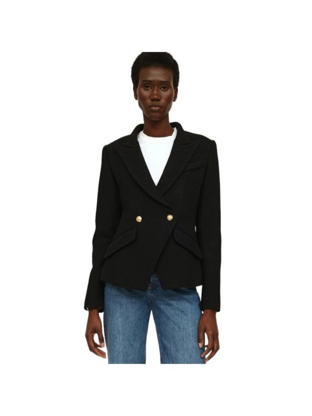 Smythe Black Wool Gold Button Double Breasted Blazer, Size 4